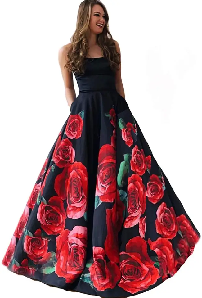 Long Satin Floral Rose Printed Prom Dresses with Pockets Strapless