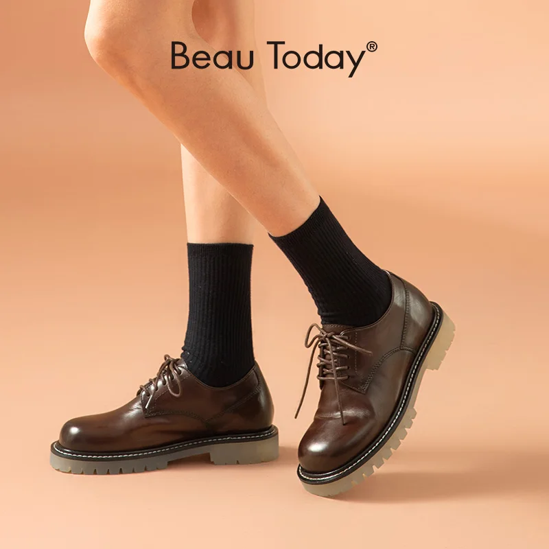 

BeauToday Derby Shoes Women Genuine Cow Leather Lace-Up Round Toe Transparent Sole Spring Autumn Lady Shoes Handmade 21855