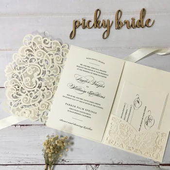 

Elegant Pocket Wedding Invitations Save the Date Ivory Customized Invitation Cards - Set of 50 pcs