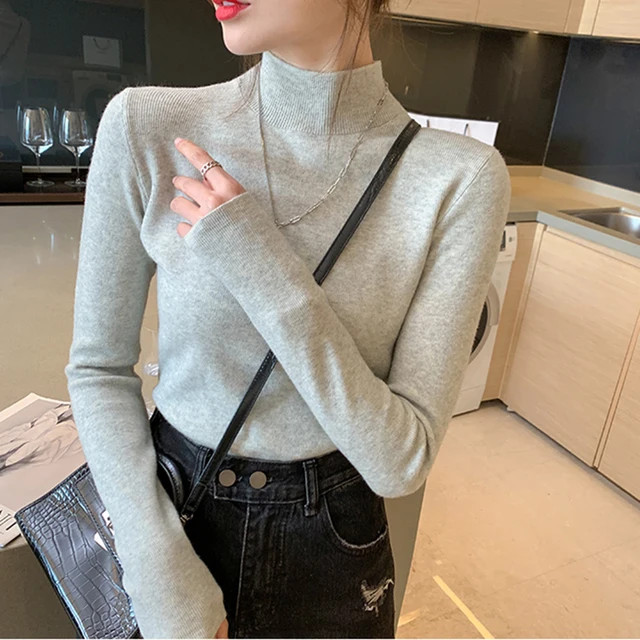 AOSSVIAO Turtleneck Sweater Women Fashion 2021 New Stretch Tops Women Knitted Pullovers Long Sleeve Bottoming Knitted Sweater gray