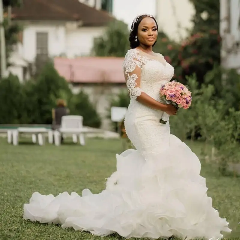 

Mermaid Wedding Dresses Plus Size Bridal Gowns Cascading Organza Long Sleeves Beading Designer African Nigeria