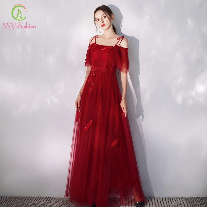 SSYFashion новая Банкетная Элегантное Вечернее Платье бордовое Спагетти ремень длиной до пола длинное вечернее платье изготовленное на заказ; Vestidos De Noche