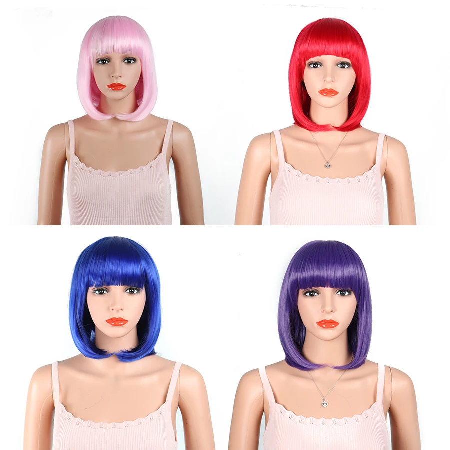 

synthetic short pink bob wigs with bangs for black women red blue purple heat resistant women's cosplay wig