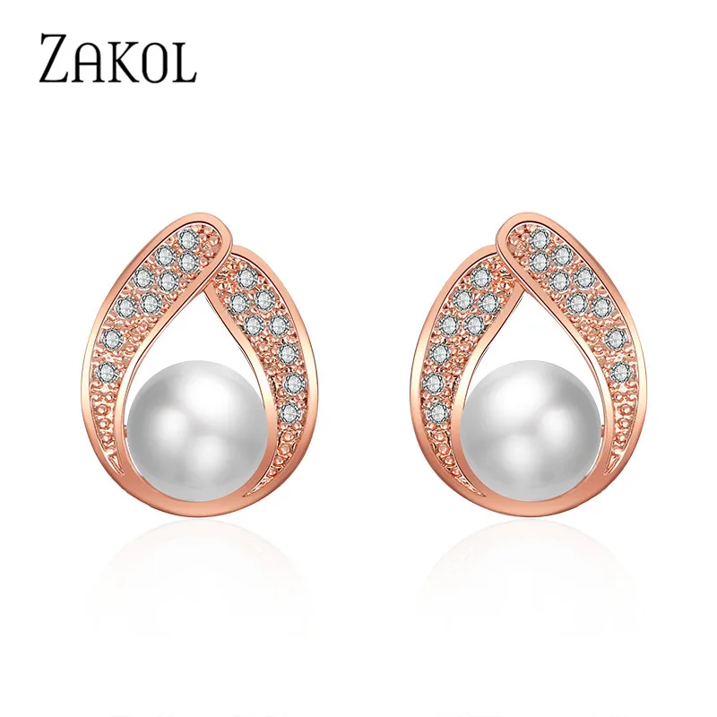 ZAKOL новые серьги гвоздики из розового золота с каплями воды и кубическим