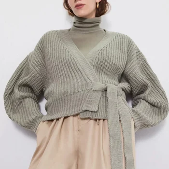 

autumn winter women Cardigans Sweater Knitted short Knitwear bow belt casual Knit solid Cardigan Outwear Winter Jacket Coat