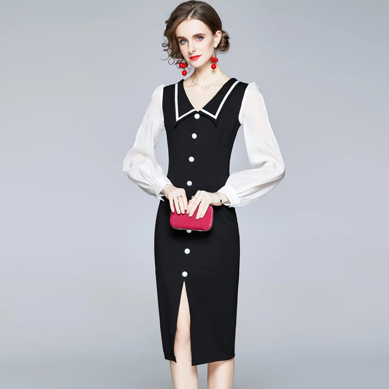 

Merchall 2020 Autumn Winter Women Dress Runway Lantern Sleeve Peter Pan Collar Single Breasted Bodycon Split Black Party Dresses