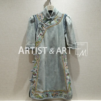 

Gooslishowsi 2020 New Women Embroidery Sequins Puff Sleeve Short Cheongsam Dres