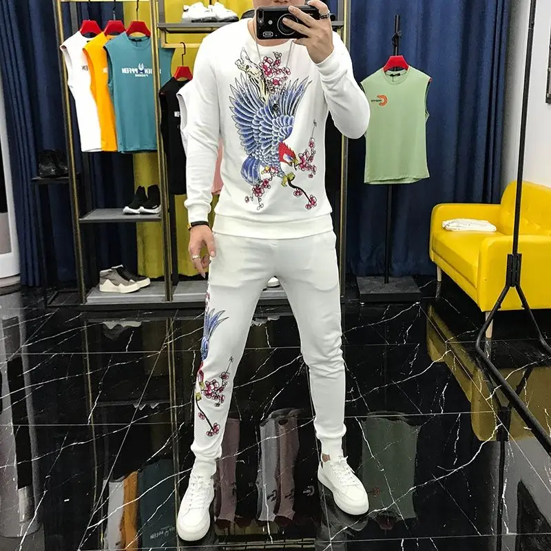 

2020 Spring and Autumn new men's suit cool eagle long sleeve trousers Handsome Men's two-piece suit