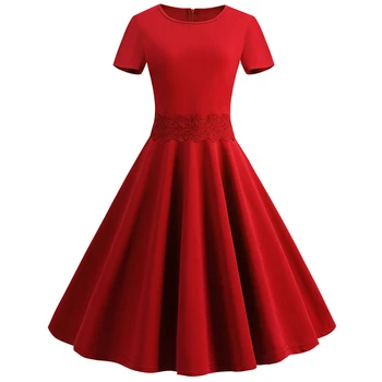 

2019 Summer Dress Women Slim Elegant Lace Short Sleeve Vintage Dress Robe Casual Blue Red Plus Size Midi Office Party Dresses