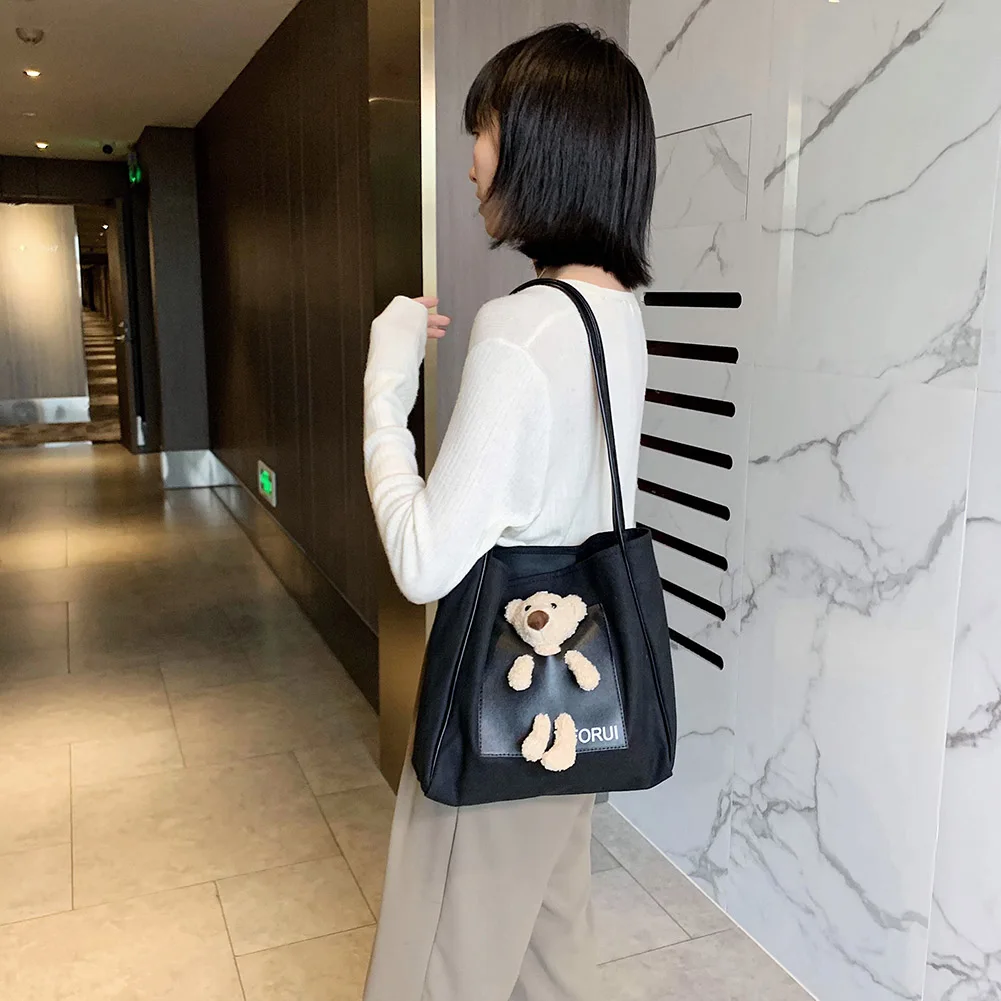 Sac à main en toile pour femmes, fourre-tout à la mode, décor de poupée d'ours, sac à bandoulière mignon, sac à poignée supérieure pour dames filles, Shopping quotidien