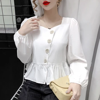 

COIGARSAM Fashion Full Sleeve blouse women Spring French Style Vintage blusas womens tops and blouses White Black Apricot 5137