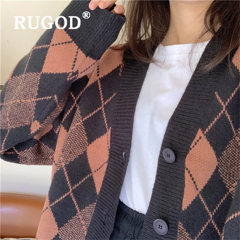 RUGOD элегантный кардиган с ромбовидным узором для женщин Модный однобортный свитер с длинными рукавами вязаное пальто толстый кардиган feminino