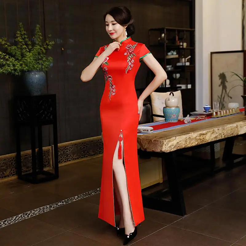 Пикантные Женские Длинные Cheongsam цветок Традиционный китайский стиль короткий рукав платье Весна Лето Qipao тонкие Вечерние платья Vestido - Цвет: Красный