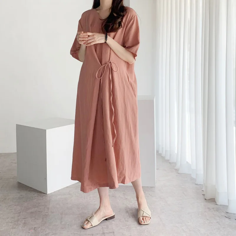 

INS South Korea Cool Front And Back Bandage Cloth Loose Cotton Linen Long Dress Women's