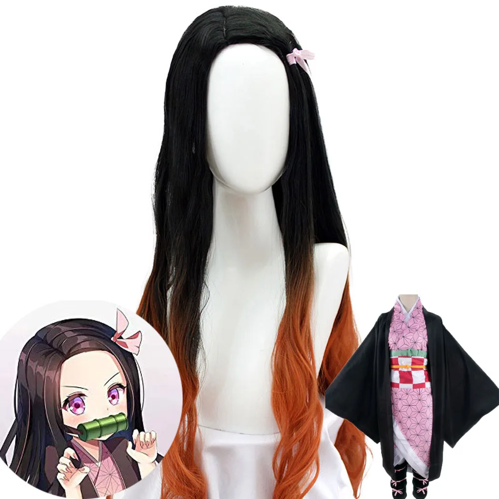 

HSIU Demon Slayer: Kimetsu no Yaiba,Anime Cosplay Wig Kamado Nezuko Black orange long curly Fiber Syntheitc Hair