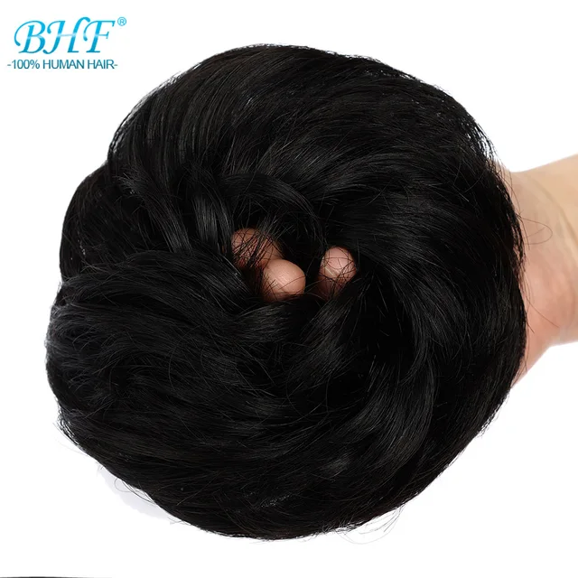 BHF-moño de cabello humano 100% cosido, mechones de pelo rizado desordenado, una pieza de cabello, peluca, máquina Remy, cabello ondulado europeo
