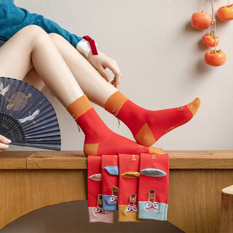New Year Chinese cotton socks women men's red lucky funny socks ankle printing stockings new year home furnishing