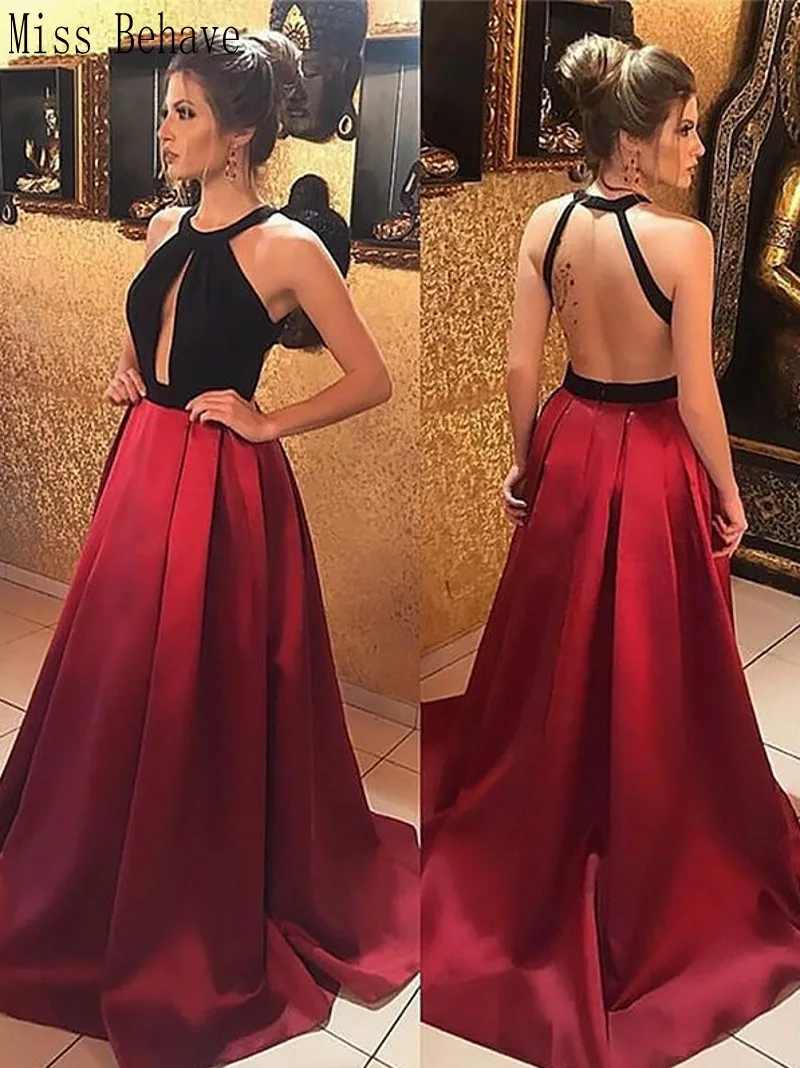

DD JYOY Satin Evening Dress Plus Size Sexy Open Back with Long Train Halter Elegant Evening Gowns for Women Formal Dresses