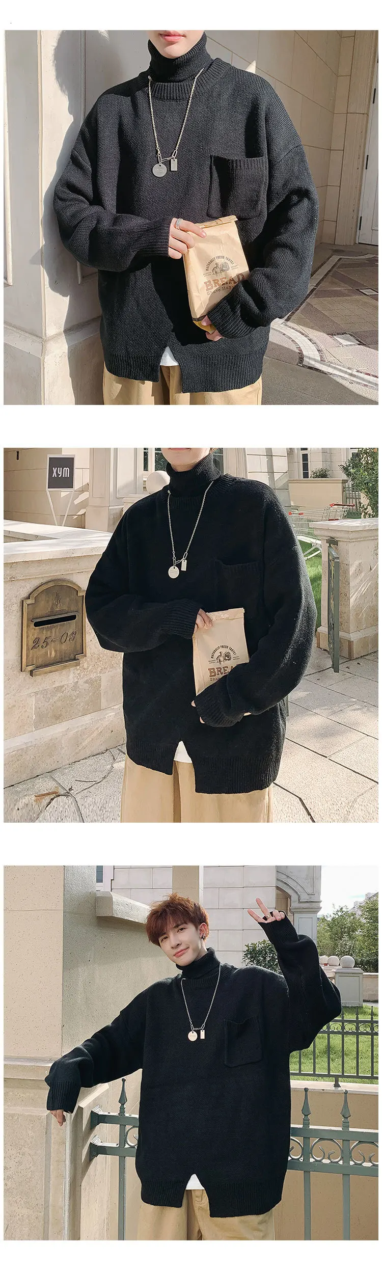 Winter High Collar Sweater Men's Warm Fashion Solid Color Casual Knit Pullover Men Loose Collar Detachable Sweater Male Clothes