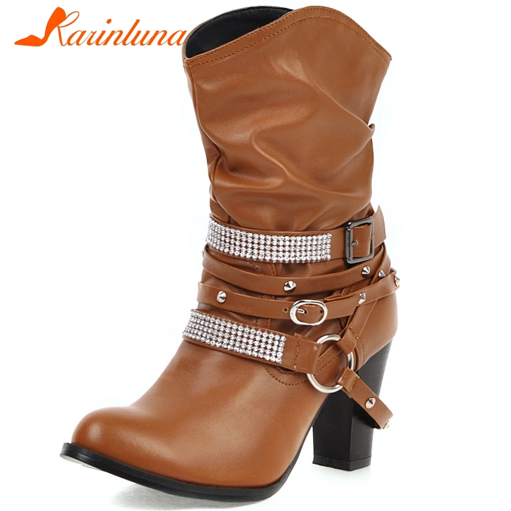

Karinluna 2020 dropship Plus Size 33-48 Wholesale Chunky High Heels Mid Calf Boots Woman Shoes Add Fur Winter Shoes Women Boots