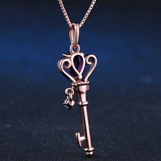 Natural Amethyst 925 Silver Mosaic Zircon Key Pendant Trendy Chain Necklace Fashion Charm Personality Jewelry Accessories - Image 4