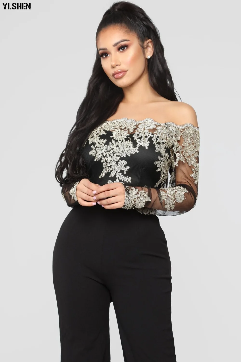 Women Jumpsuit Sexy Lace Ladies Jumpsuits Party Casual Wide Leg Overalls Off Shoulder Long Sleeve Romper Skinny Rompers Trousers 20