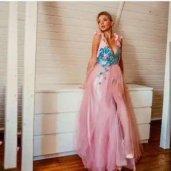 

Pink Evening Dress 2020 A-Line V-Neck Floor length Sleeveless Formal Women Party Gowns Side Slit Special Occasion Sexy Satin