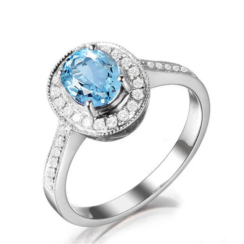 Sky Blue Topaz Halo Engagement Ring 1 Ct Oval Cut Gemstone Fine Jewelry Solid 925 Sterling Silver Rings for Women Sky Blue Topaz Halo Engagement Ring 1 Ct Oval Cut Gemstone Fine Jewelry Solid 925 Sterling Silver Rings for Women