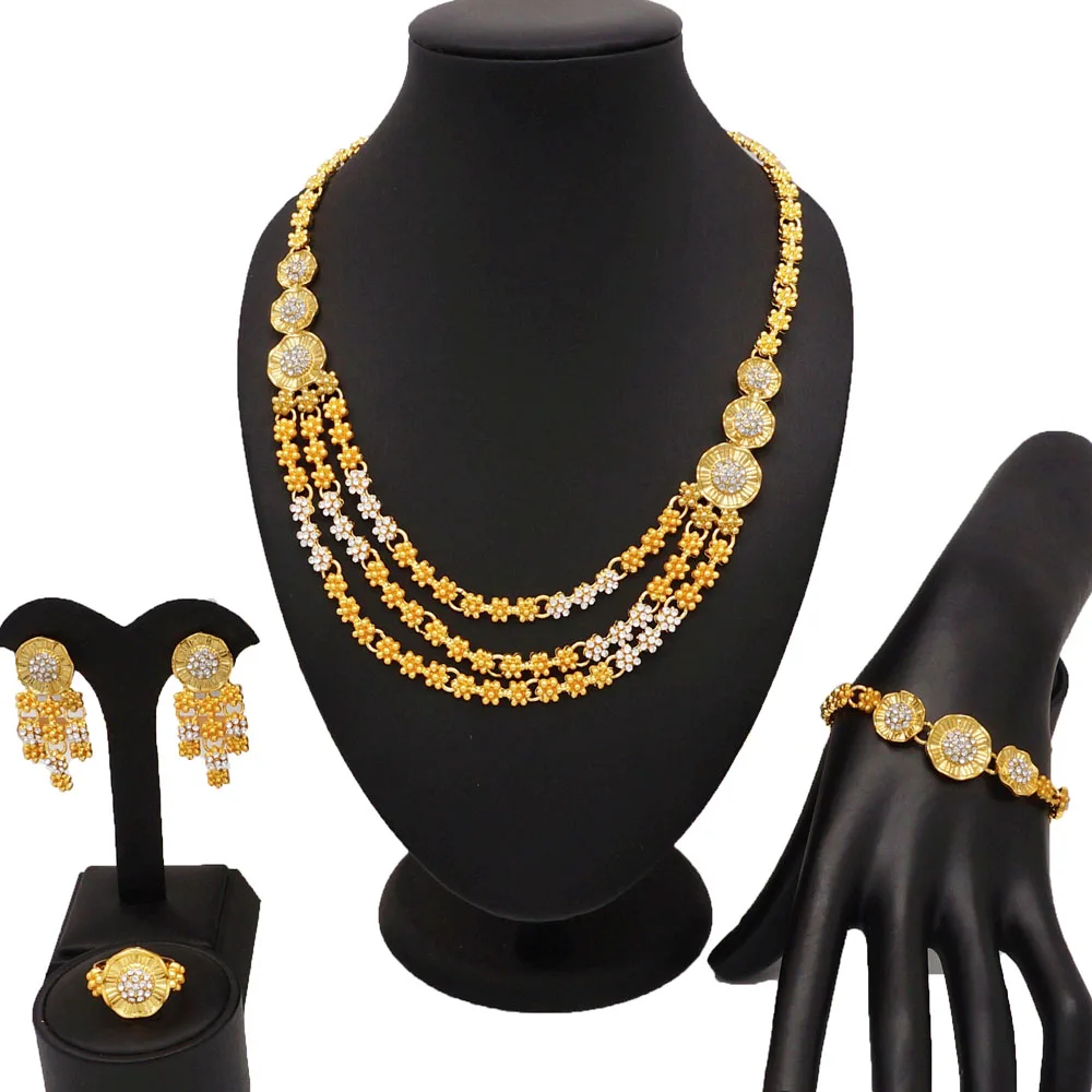 

African elegant Jewelry sets for women wedding Fashion gold color flower Necklace earrings ring bangle for women gift