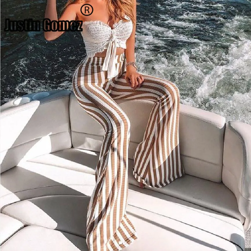 

Sexy striped high waist polyster cotton flare pants streetwear back zipper harajuku pants casual pants female trouser