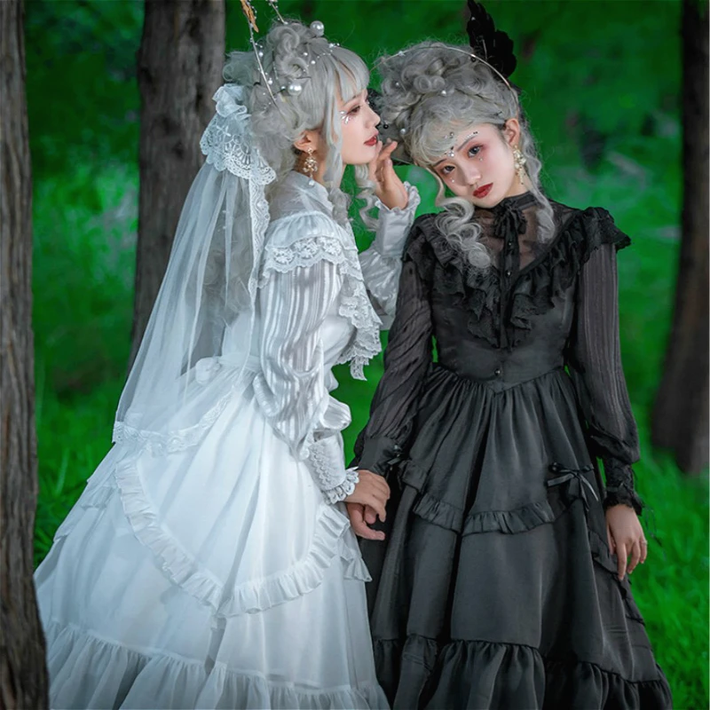 

Japanese Anime Gorgeous Gothic Lolita Elegant Waistband Large Swing Dresses Long Sleeve Lace Chiffon Court Retro Camellia Dress