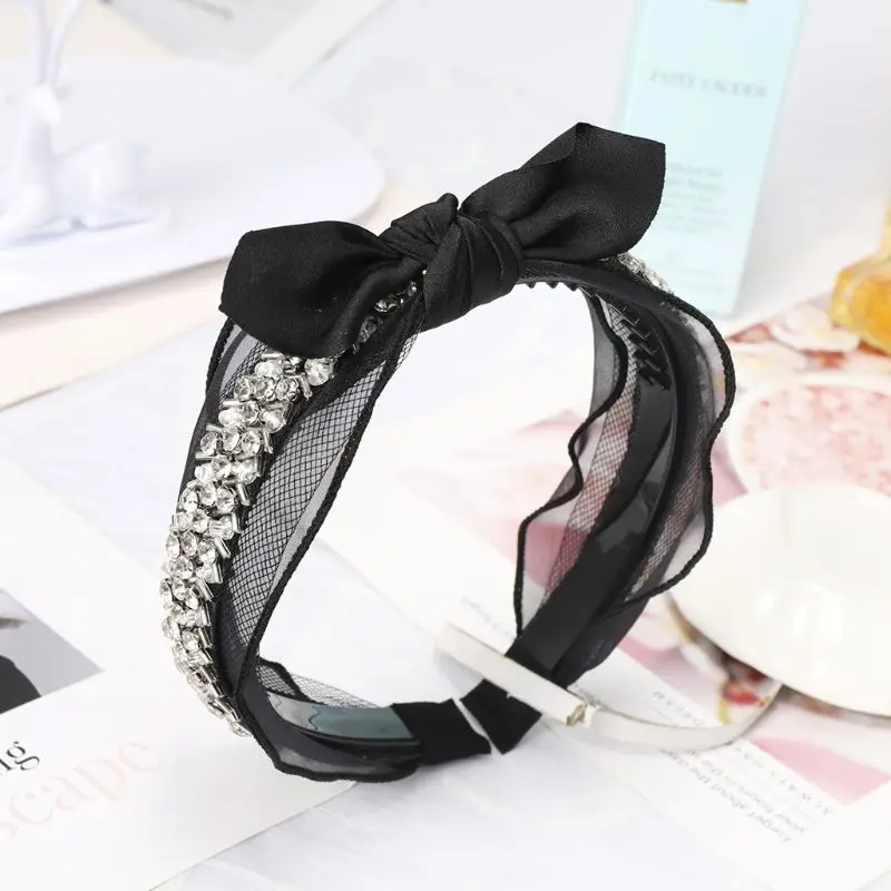 Wedding Jewelry Wide Headband Ladies Vintage Faux Pearl Rhinestone Handmade Beading Hair Hoop Hollow Gird Bowknot Lace Headwear