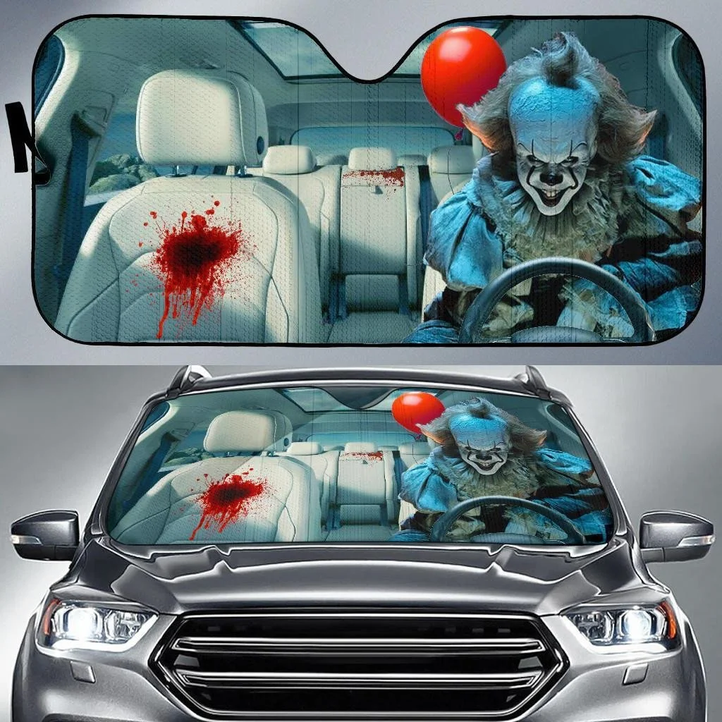 

Horror Movie IT Balloon Pennywise Design Car Sun Shade Windshield UV and Heat Windshield Sunshade for Car Halloween Decoration