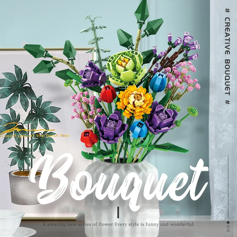 

Букет строительных блоков, букет тюльпанов, розы, модель, домашнее растение, цветочное украшение, сборные кирпичи «сделай сам», детская игрушка, подарок для девочки