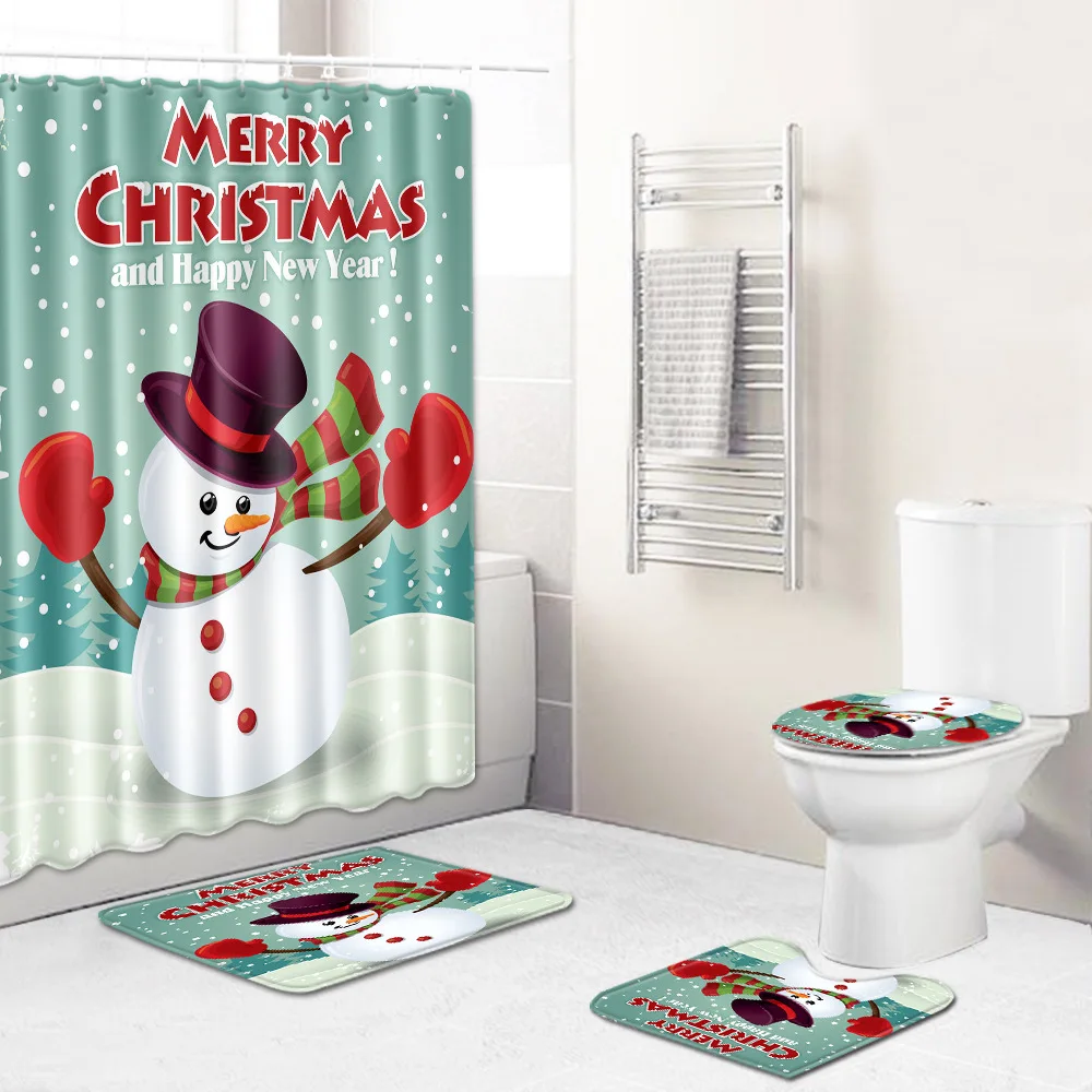 Рождественский набор из 4 предметов для ванных и туалетных комнат, занавеска для душа, чехол для унитаза, водопоглощающие дверные коврики, домашние коврики, нескользящий коврик