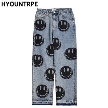 

High Street Graffiti Printed Denim Pants Mens Straight Zipper Jeans Trouser Hip Hop Streetwear Casual Loose Joggers Jean Pants