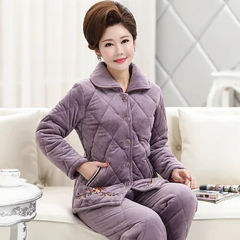 

Middle-Aged And Elderly Mothers Pajamas Women'S Sleepwear Winter Thickened Warm Three-Layer Coral Fleece Quilted Home Service