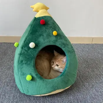 

Foldable Dog Cat Sleeping Nest Xmas Tree Shape PP Cotton Lovely Puppy Bed House Washable Kennel Beds Cave Pet Supplies