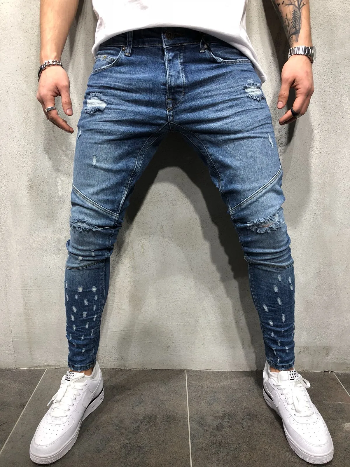 

CYXZFTROF Men Stretchy Ripped Skinny Biker Hole fold Print Jeans Destroyed Pleated Slim Fit Denim Scratched High Quality Jean