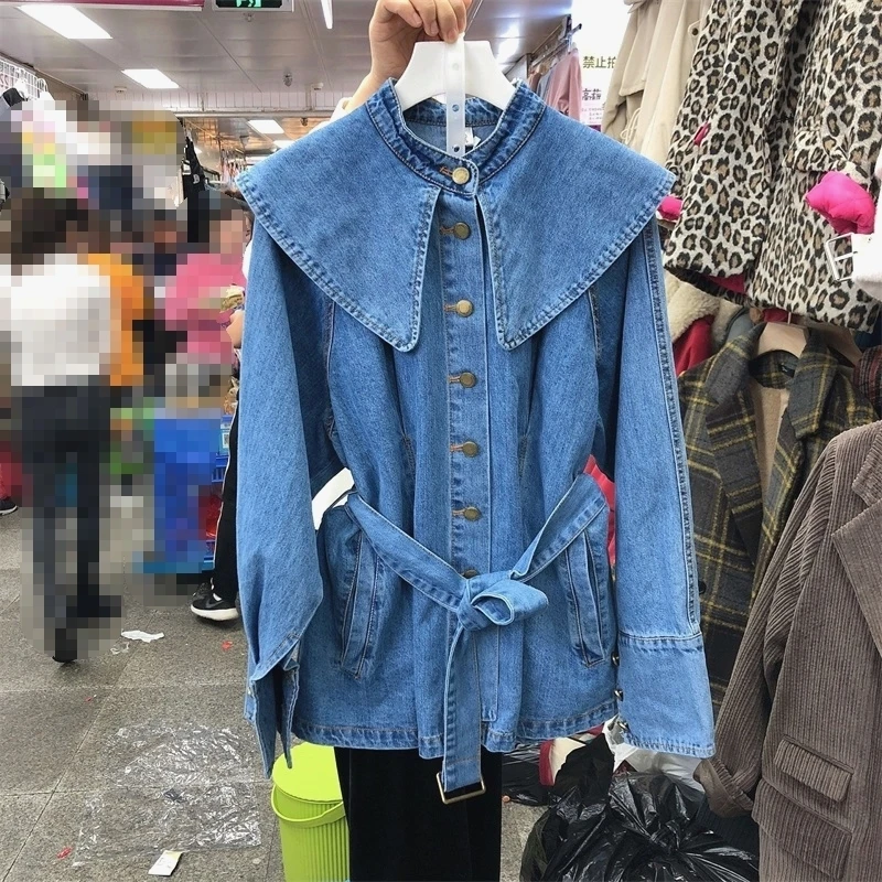 

[EWQ] 2020 Spring New Full Sleeve Peter Pan Collar Single Breasted Lacing Trend Coat Women Korea Loose Slim Denim Jacket QZ23205