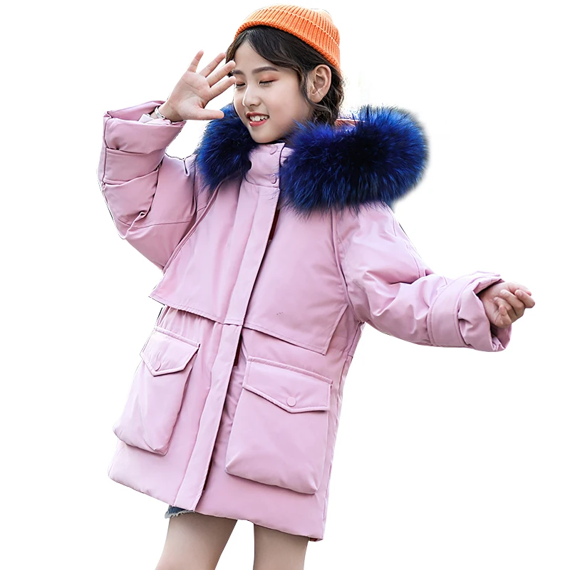 

girls Down jacket White duck down Raccoon fur collar kids winter jacket BIG POCKET thick hooded long trench girls winter coat