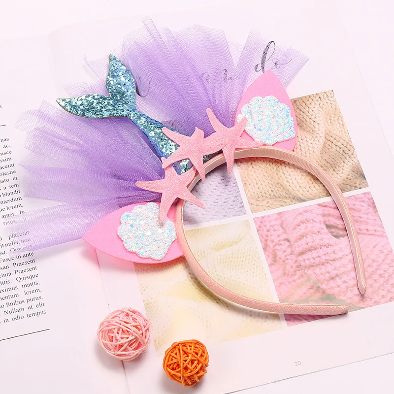 

Cute Glitter Mermaid Fish Tail Headband Princess Tulle Hair Accessories Baby Birthday Party Decoration Shell Starfish Hairband