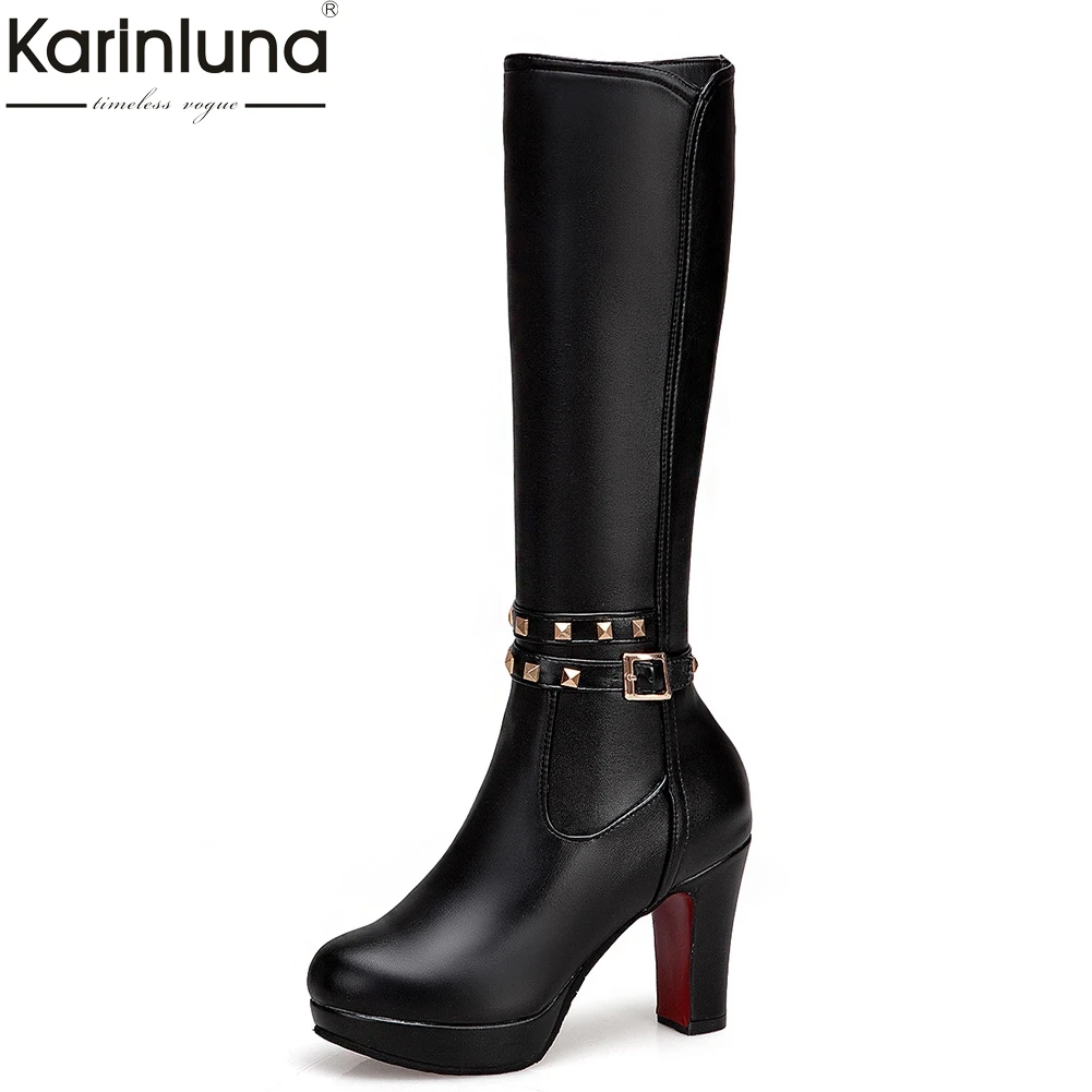 

KarinLuna 2019 top quality winter Knee high boots woman shoes sexy big size 43 party boots female high heels shoes women