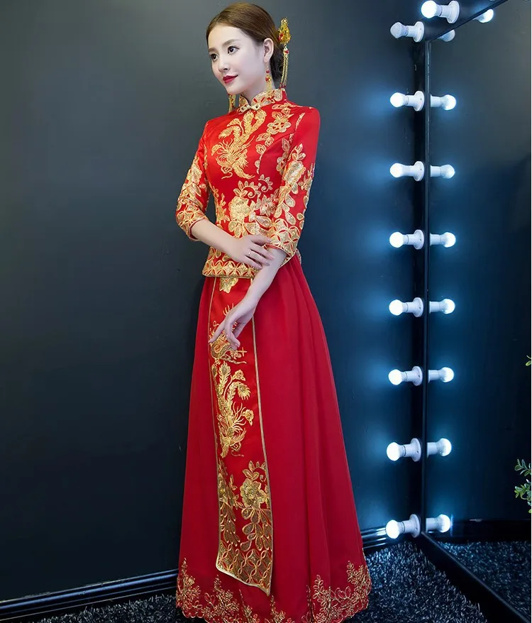 Сетка Женская Полная длина Qipao тонкий рукав три четверти Cheongsam винтажное свадебное для невесты торжественное платье вечернее формальное платье