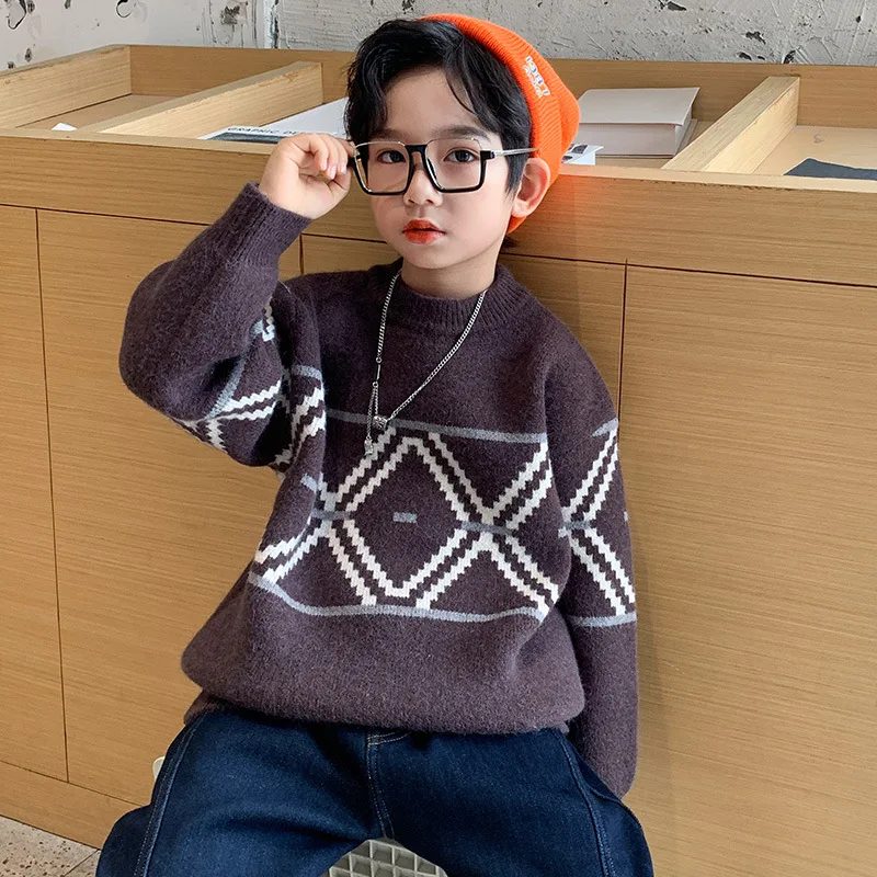 

Boys Sweater Thicken Plus Velvet Tops 2021 Geometry Warm Winter Autumn Knitting Fleece Cotton Pullover Baby Kids Children Clothi