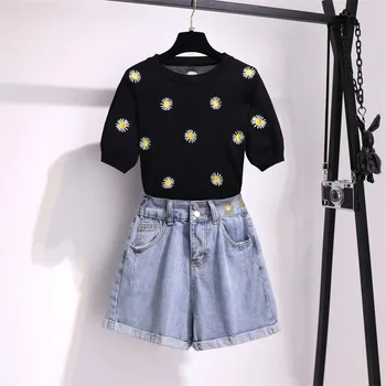 

CBAFU sweet daisy embroidery women's set summer 2 piece set simple flower knitted tops wide legs denim shorts set suit F350