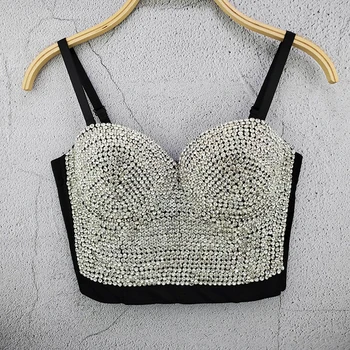 

glitter reflective rhinestone sexy summer bustier streetwear korean style sleeveless crop top women off shoulder party tank tops