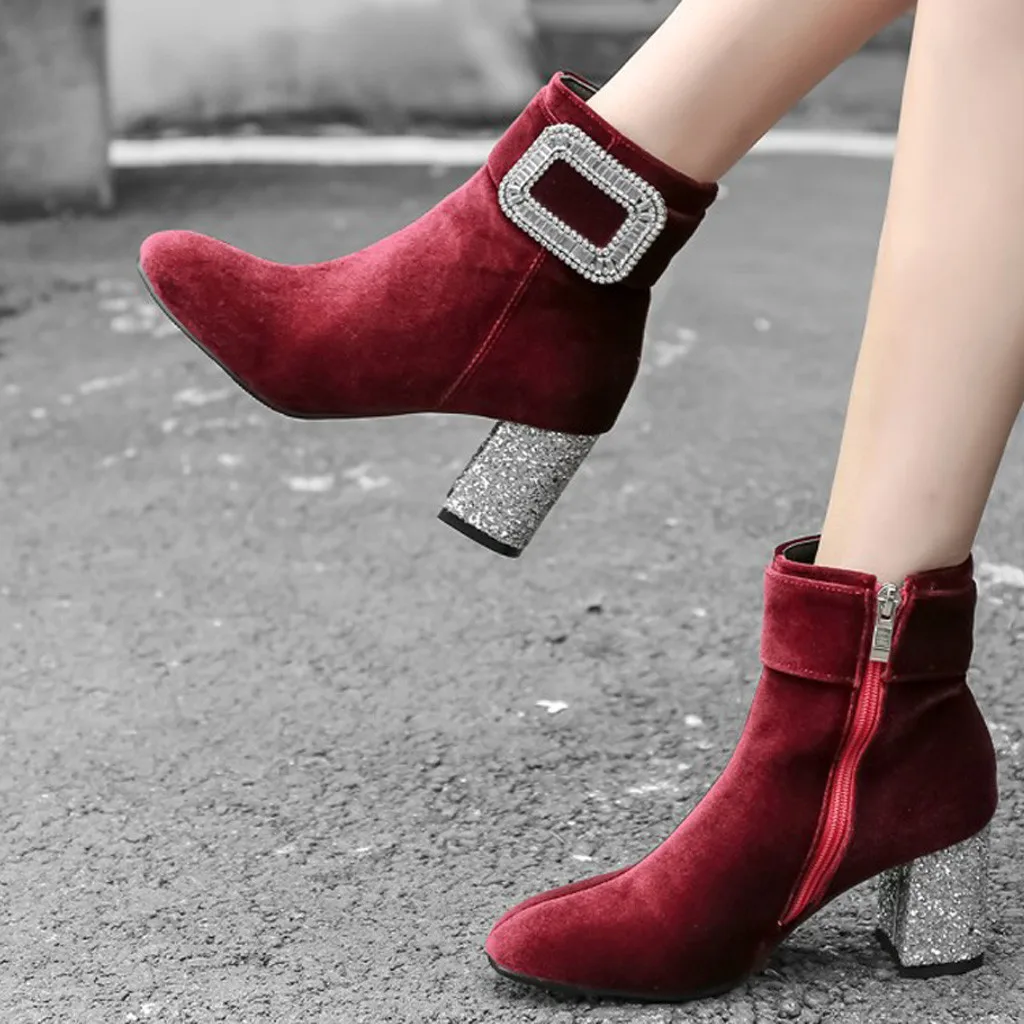 

MUQGEW Flock winter boots shoes woman Rhinestone Buckle Snow Boots Pointed Female Rough High Heels ankle boots para mulheres