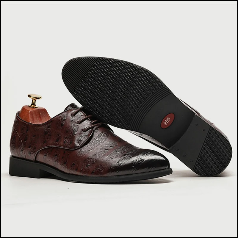 New Vintage Man Formal Dress Shoes Genuine Leather Ostrich Pattern Oxfords Pointed Toe Derby Men's Office Party Flats SS591