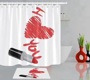 

Valentine's Day Bathroom Shower Curtains Red Love Heart Lipstick Bath Curtain Waterproof Polyester Fabric Bathtub Curtain Or Mat